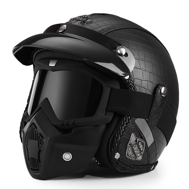 Motorcycle Gear Vintage - VGV Leather material Vintage Motorcycle Helmet